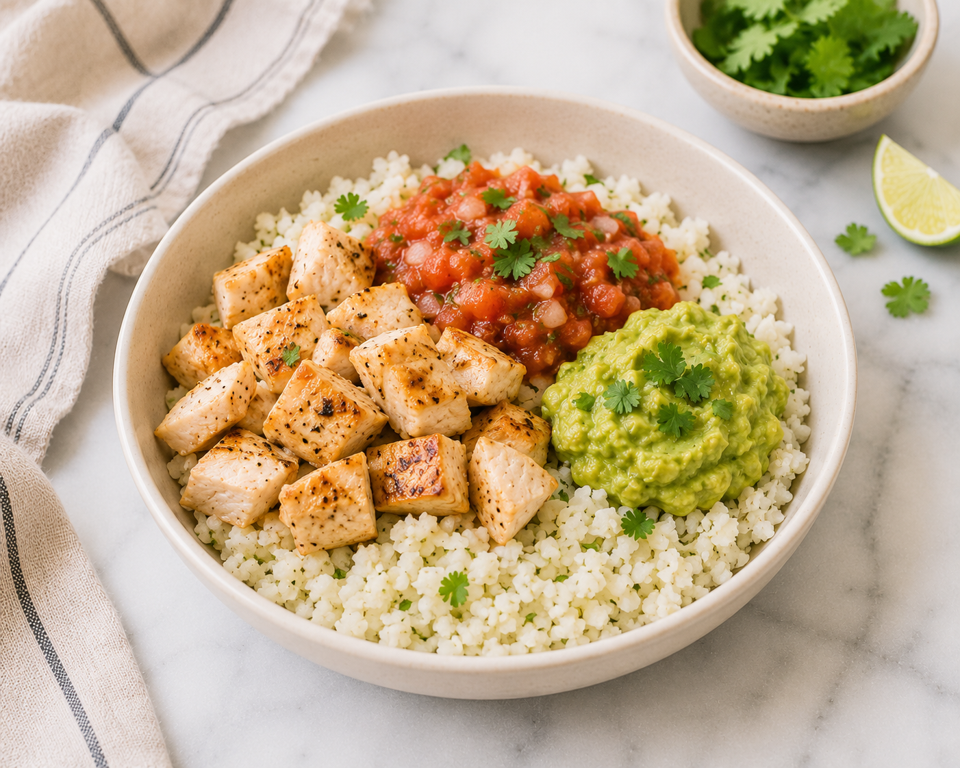 Chicken Salsa Cauliflower Rice Bowls with Guacamole